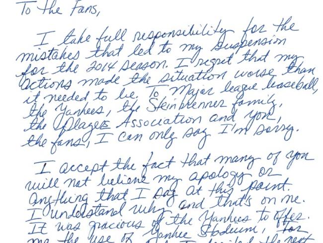 A-Rod’s hand-written apology to fans.