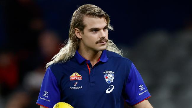 MELBOURNE, AUSTRALIA - APRIL 12: Bailey Smith of the Bulldogs gicves the thumbs up during the 2024 AFL Round 05 match between the Western Bulldogs and the Essendon Bombers at Marvel Stadium on April 12, 2024 in Melbourne, Australia. (Photo by Michael Willson/AFL Photos via Getty Images)