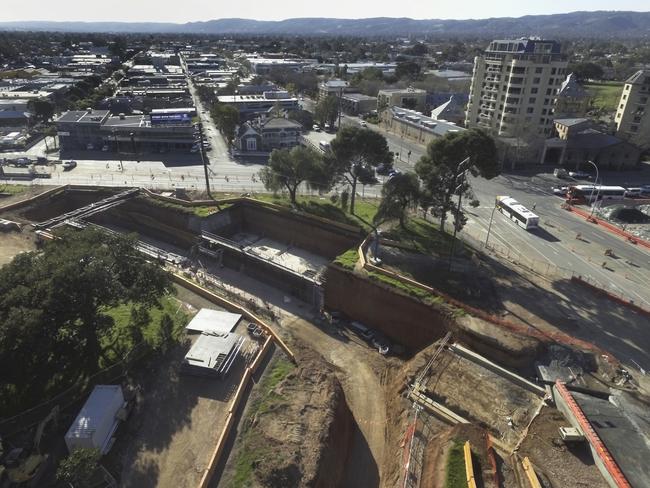 A drone view of the O-Bahn extension being dug in Rymill Park. Picture: Markus Strack/Swoopcam