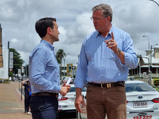 State Opposition Leader David Crisafulli and Toowoomba North MP Trevor Watts stands outside Grand Central Shopping Centre, the scene of where an elderly man was allegedly assaulted in broad daylight on Monday.