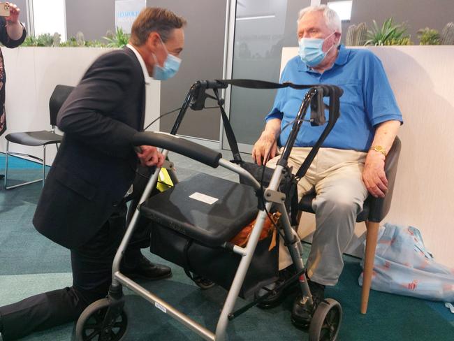 Health Minister Greg Hunt meets John Healy, 86, of Narrabeen, who was the second Australian to receive the COVID-19 jab. Picture: NCA NewsWire