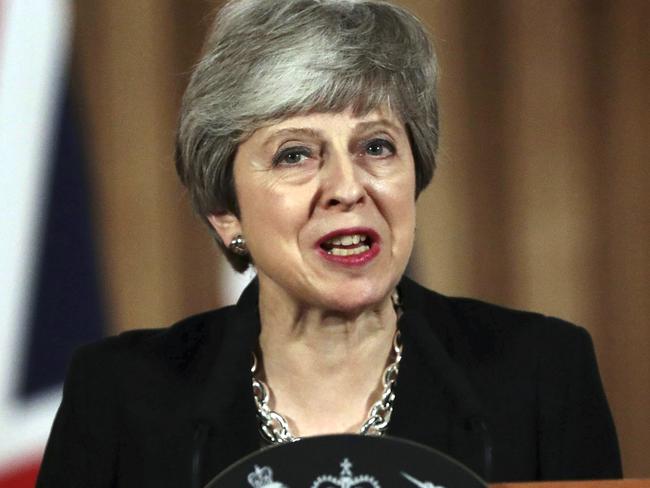 Britain's Prime Minister Theresa May gives a press conference outside Downing Street, in London, Tuesday, April 2, 2019. May said Tuesday that she will seek to further delay Britain's exit from the European Union and seek to make an accord with the political opposition in a bid to break the Brexit impasse. May made the announcement after the EU's chief negotiator warned that a chaotic and costly Brexit was likely in just 10 days unless Britain snapped out of the political crisis that has paralyzed the government and Parliament. (Jack Taylor/Pool Photo via AP)