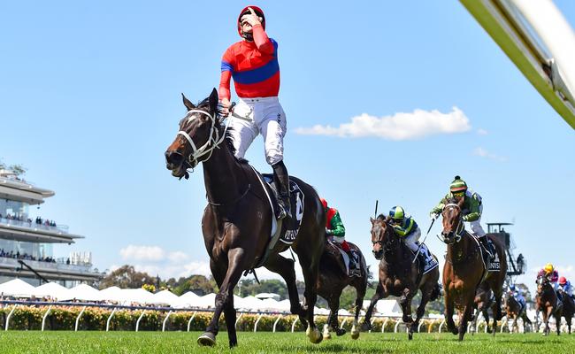 A stunned James McDonald crosses the line on Verry Elleegant on Tuesday. Picture: Getty Images