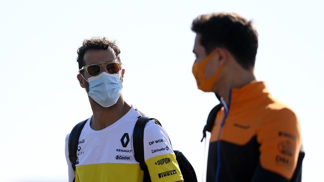 Daniel Ricciardo and Lando Norris walk and talk at Silverstone last week. Picture: Rudy Carezzevoli/Getty Images