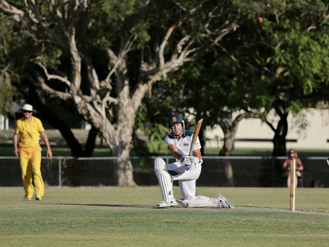 Kookaburra Cup cricket between Queens and Helensvale Pacific Pines. Paul Baird (Helensvale) and Ben Mytton (Queens). Picture: Jodie Henderson
