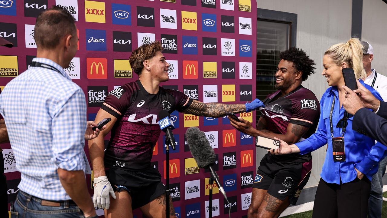 Reece Walsh and Ezra Mam at a press conference in LA. Photo by Michael Owens/Getty Images