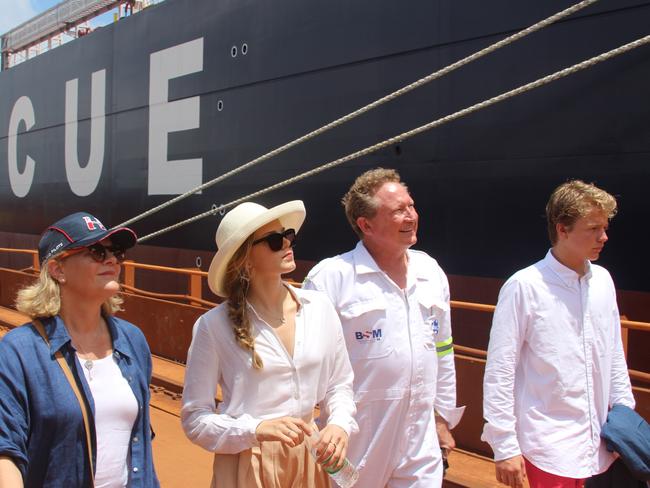 Sydney Forrest with his mother Nicola, father Andrew and sister Sophia at the arrival of ore carrier FMG Nicola in Port Hedland.