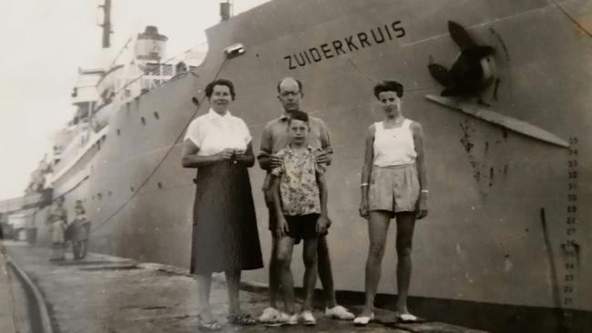 Jacob and Klaasje van der Haar with youngest son Joop and only daughter Gertruida (Trudy) standing in front of the ship in which they came to Australia from The Netherlands on.