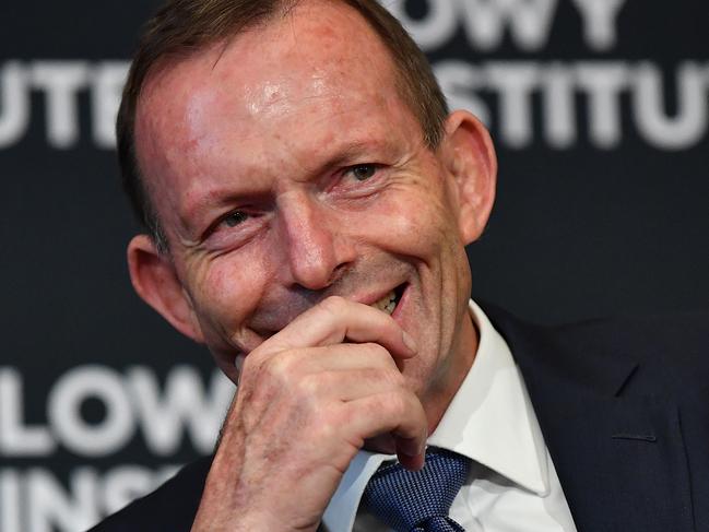 Former Australian prime minister Tony Abbott takes questions after addressing the Lowy Institute in Sydney, Thursday, November 28, 2019. (AAP Image/Joel Carrett) NO ARCHIVING