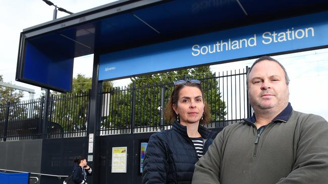 Pennydale resident Bec Rumbelow and action group president Derek Screen at Southland railway station. Picture: Josie Hayden