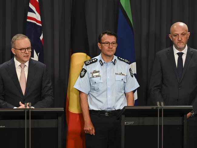 CANBERRA, AUSTRALIA, NewsWire Photos. APRIL 16, 2024: The Prime Minister, Anthony Albanese, Director-General of Security of ASIO, Mike Burgess, and the Commissioner of the Australian Federal Police, Reece Kershaw hold a press conference at Parliament House in Canberra. Picture: NCA NewsWire / Martin Ollman