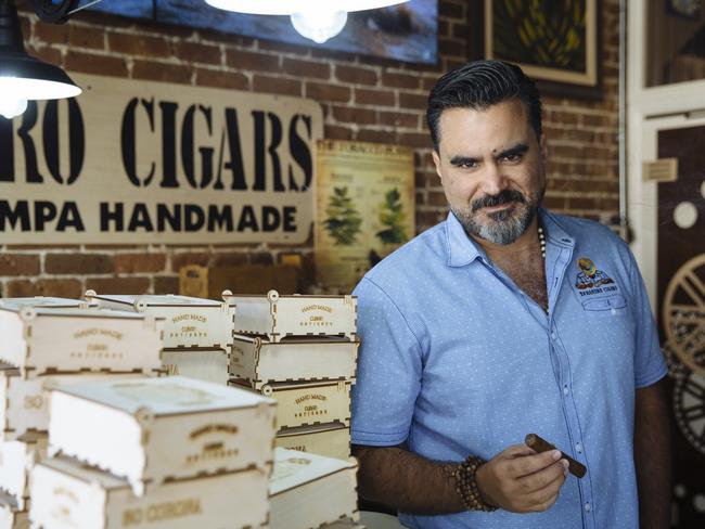 Yanko Maceda, 42, originally from Havana, Cuba, inside his cigar shop, at Ybor City, Florida. Picture: Angus Mordant for News Corp Australia