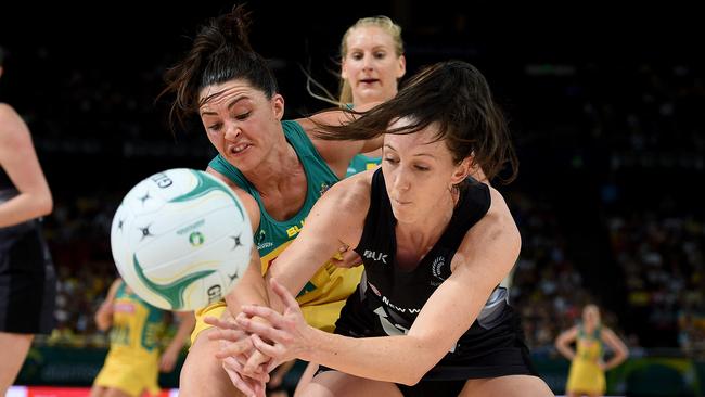 Sharni Layton and Bailey Mes battle for the ball.