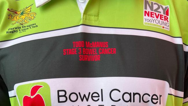 Todd McManus modelling the Darwin Dragons' Bowel Cancer Awareness jerseys.