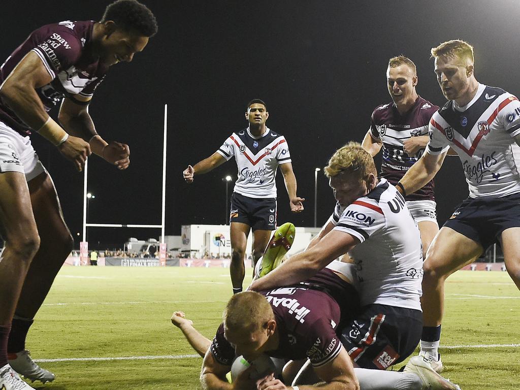 Tom Trbojevic of the Sea Eagles scores a try during the NRL Semi-Final match between the Manly Sea Eagles and the Sydney Roosters at BB Print Stadium on September 17, 2021 in Mackay, Australia.Picture: Matt Roberts