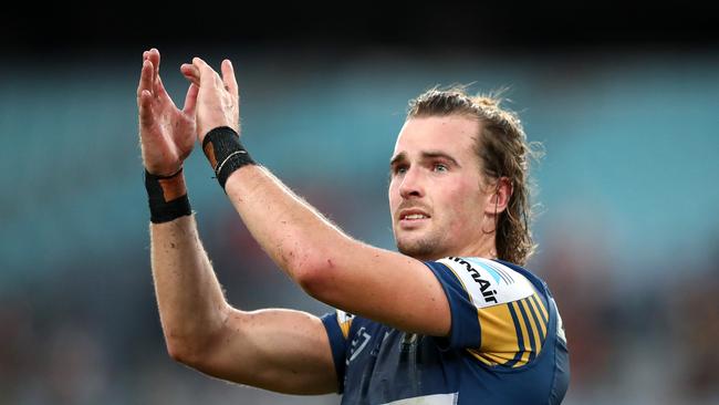 SYDNEY, AUSTRALIA – APRIL 05: Clinton Gutherson of the Eels thanks the crowd after winning the round four NRL match between the Wests Tigers and the Parramatta Eels at Stadium Australia on April 05, 2021, in Sydney, Australia. (Photo by Mark Metcalfe/Getty Images)