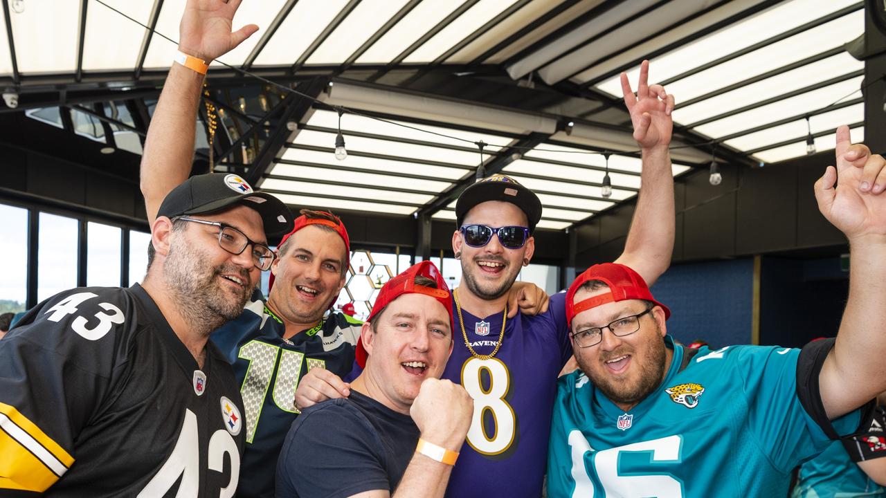 Watching the NFL Super Bowl at George Banks are (from left) Ben Laughren, Damien Price, Scott Burgess and Aaron Burgess, Monday, February 14, 2022. Picture: Kevin Farmer