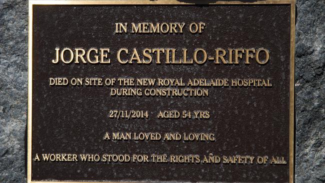 A plaque at the new Royal Adelaide Hospital’s memorial garden in memory of Jorge Castillo-Riffo.