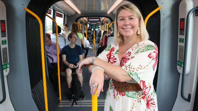 Daily Telegraph journalist, Wendy Fitzgibbon, pictured testing the new Sydney Light Rail from Randwick to Central Station. Picture: David Swift