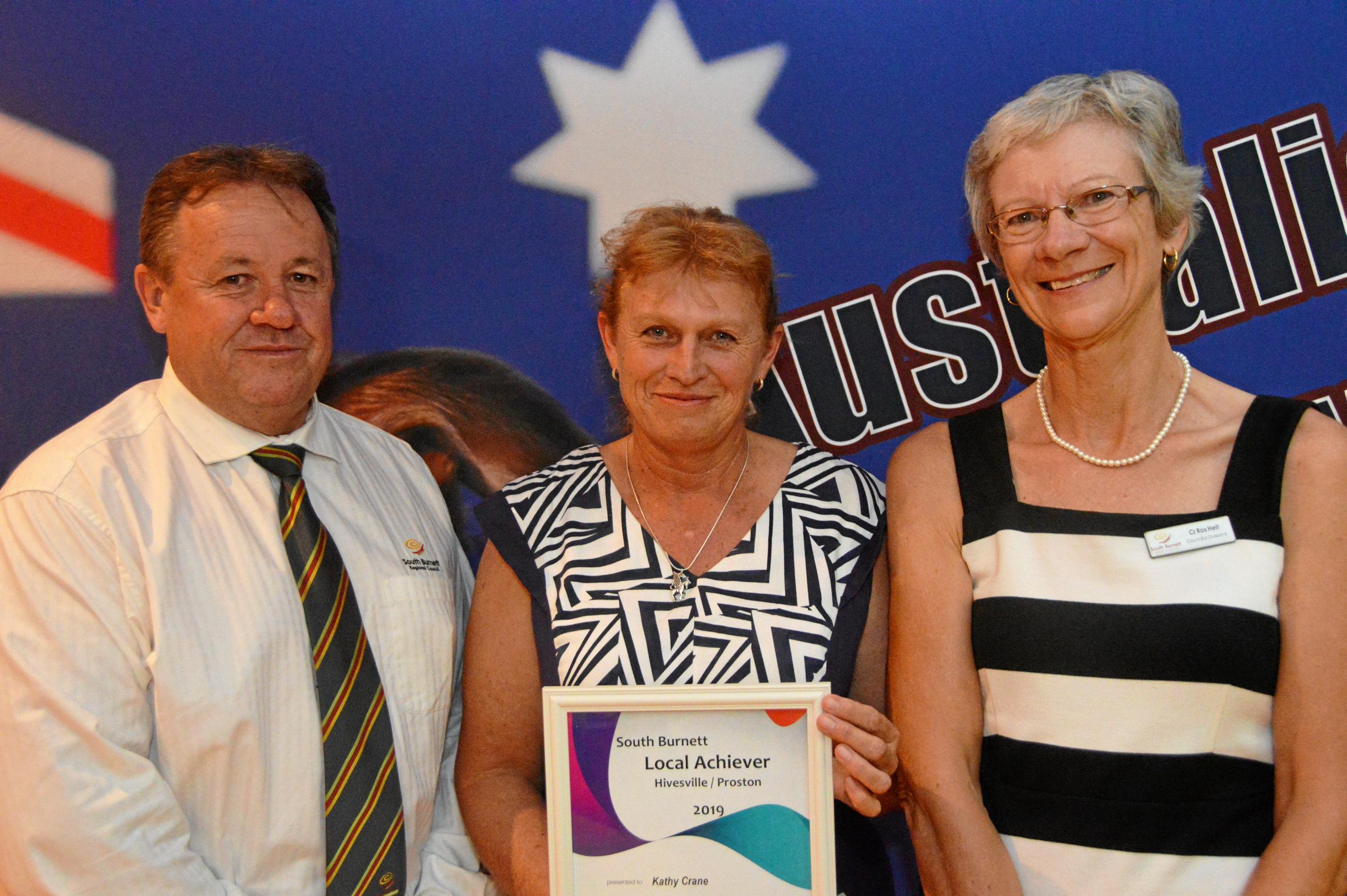 Winner of the Hivesville and Proston local achiever award Kathy Crane  with Cr Ros Heit and Cr Gavin Jones at the South Burnett Australia Day awards. Picture: Claudia Williams