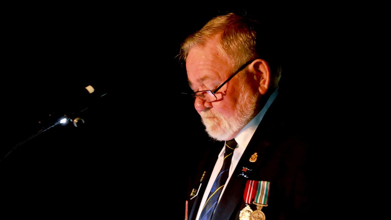 Rooty Hill RSL Sub Branch Secretary Alf Davey at the podium for the commemoration of the fallen at the Pinegrove Memorial Park Anzac Day dawn service in Minchinbury. Picture: Angelo Velardo