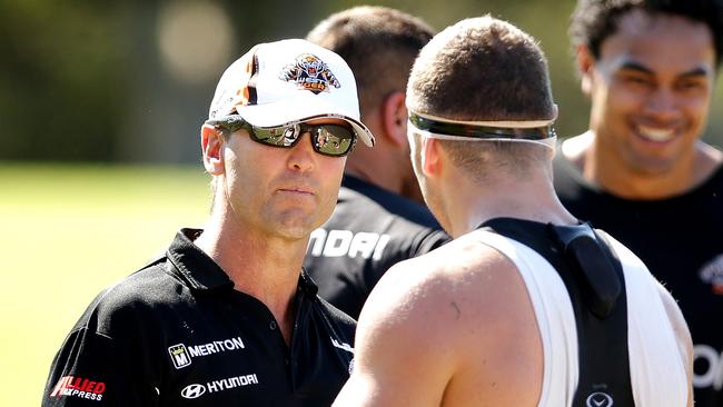 Wests Tigers Training at Concord Oval . Captain Robbie Farah talks with coach Mick Potter