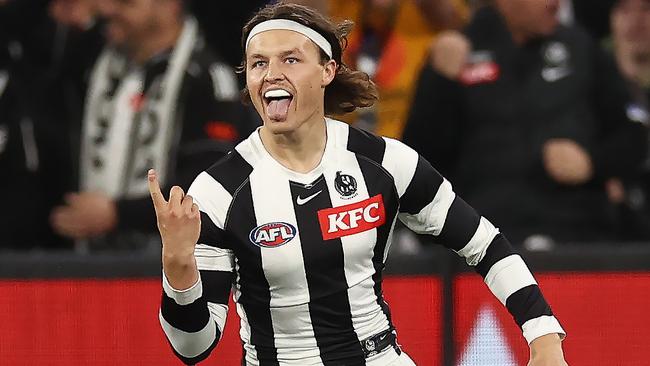 MELBOURNE, AUSTRALIA - August 18, 2023. AFL .   Jack Ginnivan of the Magpies celebrates a 1st quarter goal during the round 24 match between Essendon and Collingwood at the MCG in Melbourne, Australia.  Photo by Michael Klein.