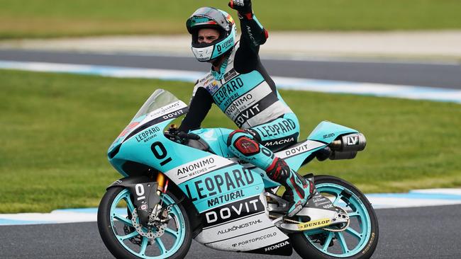 Marcos Ramirez celebrates his Moto3 win.