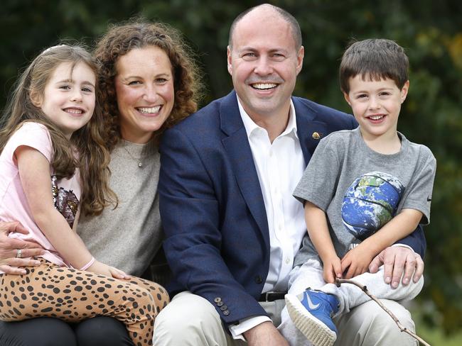 Federal Treasurer Josh Frydenberg and family Josh Frydenberg with wife Amie and children Gemma 6 and Blake 4. Picture: David Caird