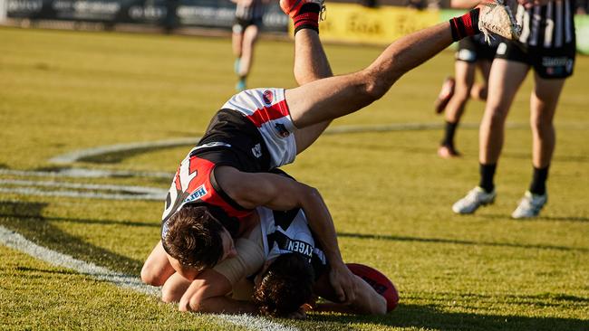 Port Adelaide and Sam Mayes beat West Adelaide and Kaine Stevens all ends up at Alberton Oval. Picture: Matt Loxton