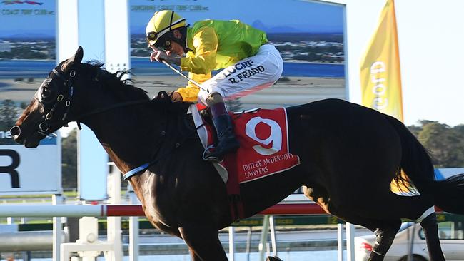 Robbie Fradd salutes after Amexed charges to victory in the Caloundra Cup. Picture: Grant Peters