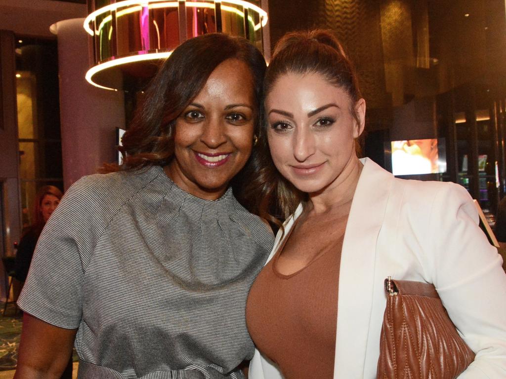 Rina Nutta-Singh-Poke and Linda Abboud at the YPGC cocktail party in the Atrium Bar, The Star Gold Coast. Picture: Regina King.