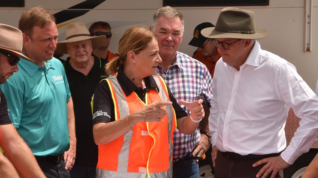 Prime Minister Anthony Albanese with Premier Steve Miles, Member for Townsville Scott Stewart and Townsville Mayor Jenny Hill discuss the ex-cyclone recovery efforts in Townsville. Picture: Evan Morgan