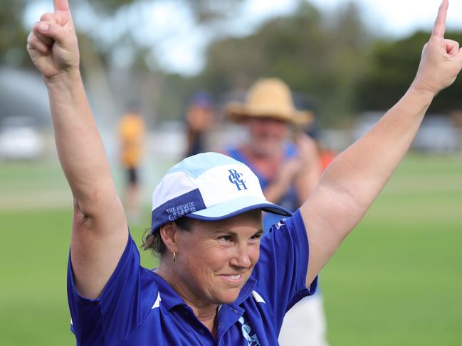 Wicketkeeper Jane Burch celebrates Barwon Heads’ premiership post-match. Picture: Mark Wilson