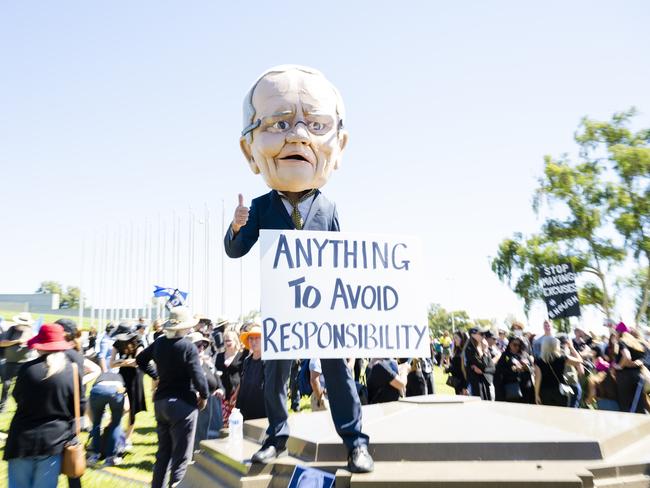 A dummy of Scott Morrison at Canberra’s March 4 Justice rally. Picture: Jamila Toderas/Getty Images