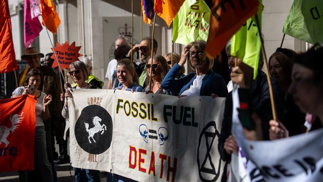 Activists this week gather outside the Supreme Court in London over the full climate impact of burning oil from new wells. Picture: Carl Court/Getty Images