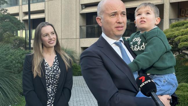 NSW Liberal MP Matt Kean, with son Tom and partner Wendy Paterson, announces he will retire from politics to pursue a job in the private sector. Picture: James O’Doherty