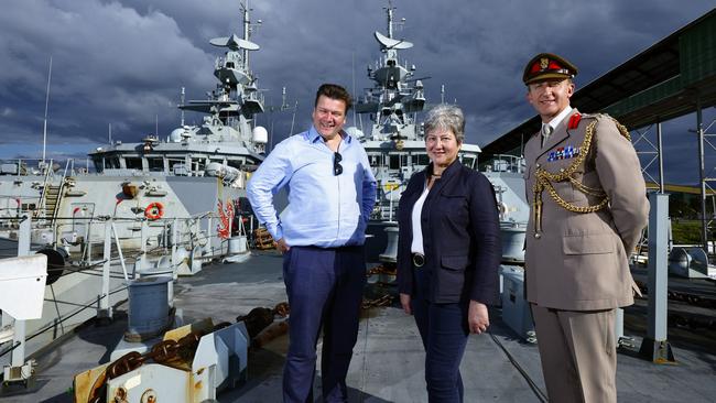 The UK Minister for Armed Forces has visiting HMAS Cairns where two Royal navy ships, the HMS Spey and HMS Tamar, are currently docked. UK Minister for Armed Forces James Heappey, British High Commissioner to Australia Her Excellency Vicki Treadell and UK Defence Adviser to Australia Brigadier Nigel Best inspect both ships from the bow of patrol vessel HMS Spey. Picture: Brendan Radke