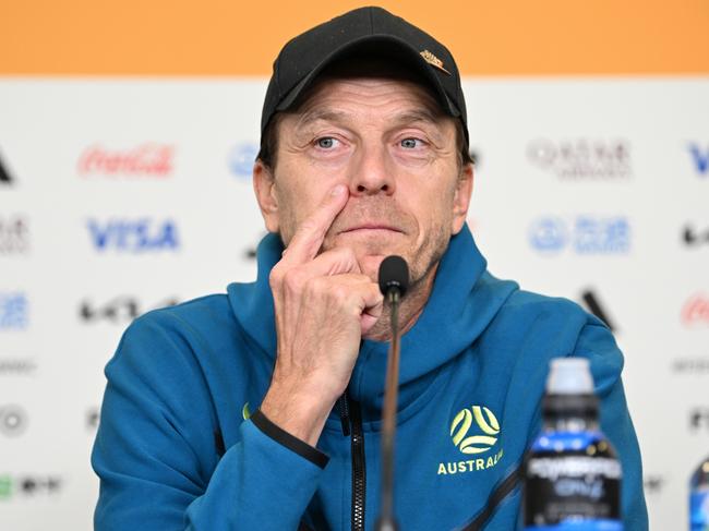 BRISBANE, AUSTRALIA - AUGUST 18:  Tony Gustavsson, Head Coach of Australia speaks during an Australia Matildas press conference during the FIFA Women's World Cup Australia & New Zealand 2023 at Brisbane Stadium on August 18, 2023 in Brisbane, Australia. (Photo by Justin Setterfield/Getty Images)