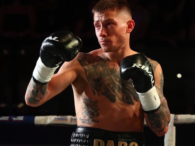 BRISBANE, AUSTRALIA - MARCH 05: Liam Paro in action against Terry Tzouramanis during the WBO Global & IBF International Super Lightweight Title bout at Eatons Hill Hotel on March 05, 2021 in Brisbane, Australia. (Photo by Chris Hyde/Getty Images)