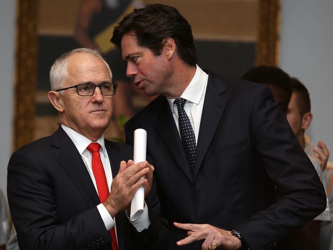 Prime Minister Malcolm Turnbull talks with AFL CEO Gillon McLachlan at a function last year. Picture: MICHAEL KLEIN