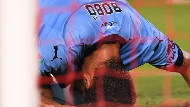 Bobo of Sydney reacts after a missed opportunity.