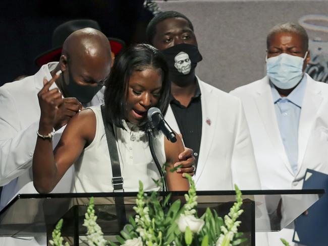 Brooke Williams, niece of George Floyd, speaks with the rest of the family at the funeral. Picture: AP