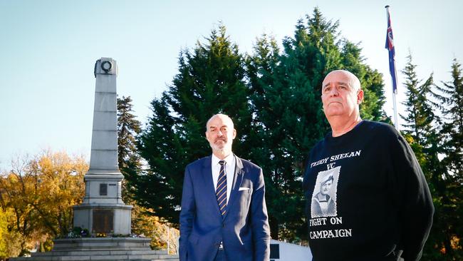 Veteran Affair Minister Guy Barnett and the nephew of Teddy Sheean, Garry Ivory. Picture: PATRICK GEE