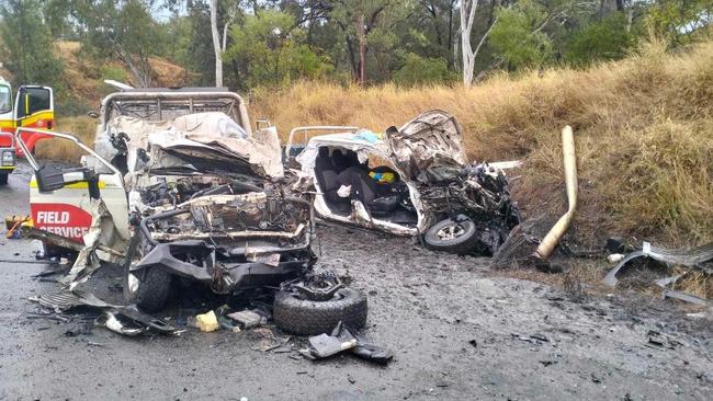 Photos show the shocking aftermath of a serious crash involving two utes and a tanker on Saraji Rd on July 4. Picture: Supplied