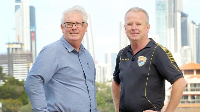 L-R Sports Gold Coast chairman Geoff Smith and Gold Coast United chairman Danny pictured in Southport. The pair are behind a push for a 5000-seat stadium on the GC. Maher Picture Mike Batterham