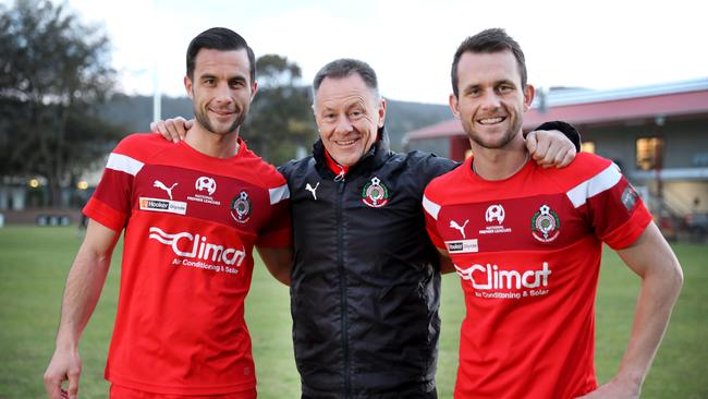 Campbelltown City coach Joe Mullen, with his nephews and Red Devils players Alex and Matt Mullen. Picture: AAP Image/Dean Martin