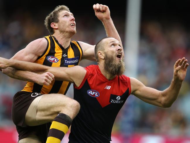 AFL Round 4. 15/04/2018. Hawthorn v Melbourne at the MCG.  Melbourne's Max Gawn and Hawthorns Ben McEvoy battle 2nd qtr  . Pic: Michael Klein