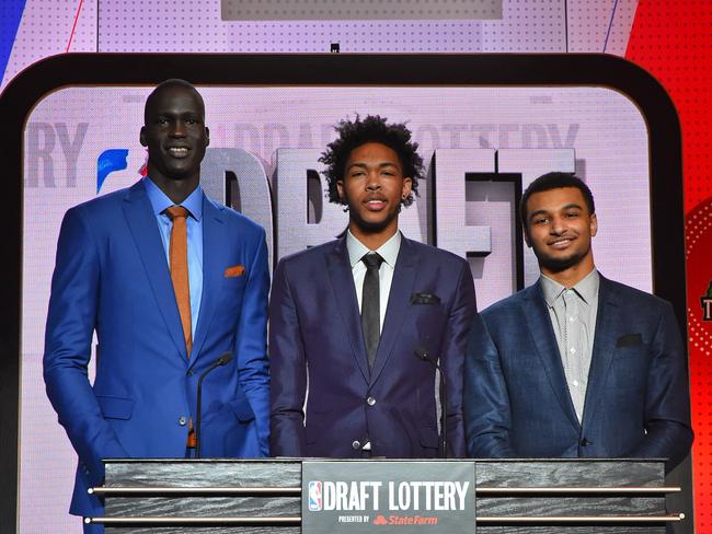 Thon Maker (left) poses with fellow draft prospects Brandon Ingram and Jamal Murray at the NBA Draft Lottery.