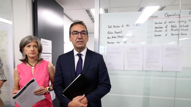 SA Premier Steven Marshall with SA Health chief public health officer Nicola Spurrier. Picture: AAP Image/Kelly Barnes